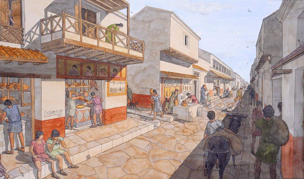 Busy Roman street lined with food vendors, shoppers, pedestrians, and bustling market activity