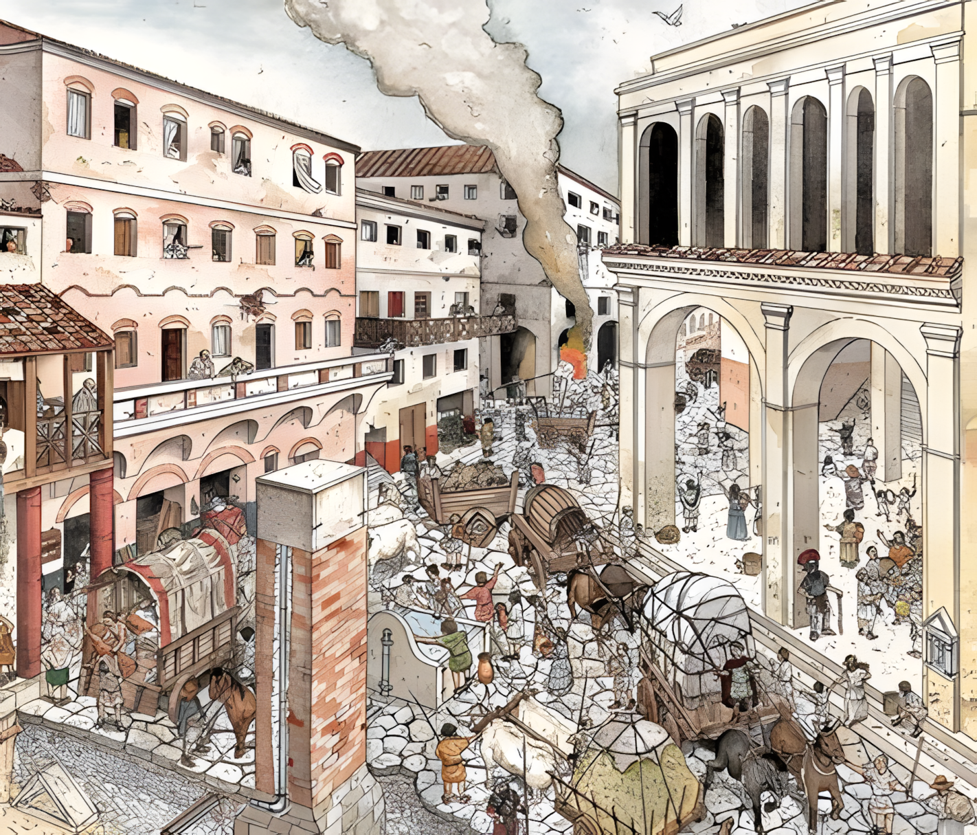 Crowded Roman street filled with pedestrians, shops, carts, and busy activity