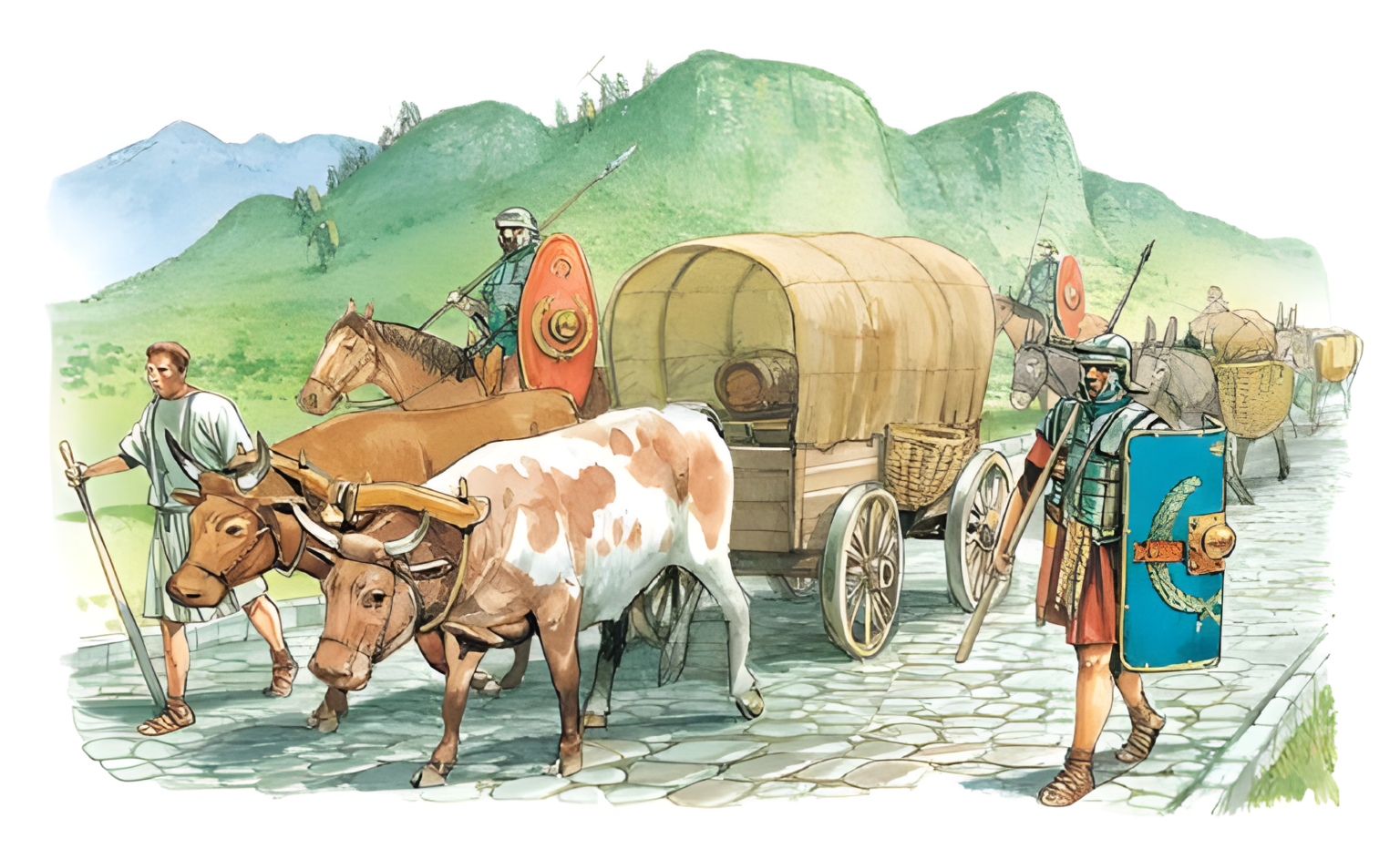 Ancient Roman wagon carrying goods, guarded by legionaries during transport along a Roman road