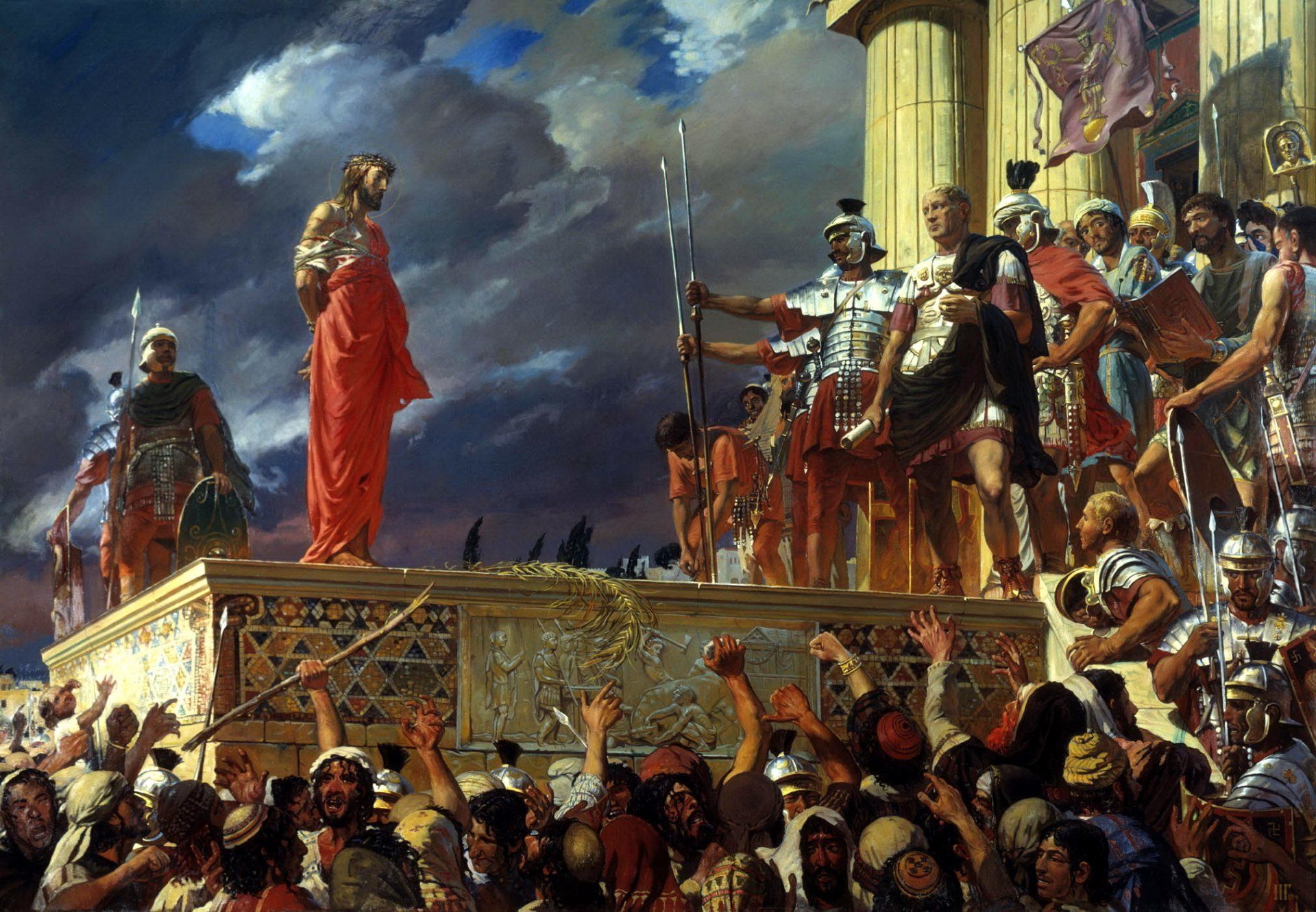 Roman soldiers punishing Jesus during his trial in ancient Jerusalem