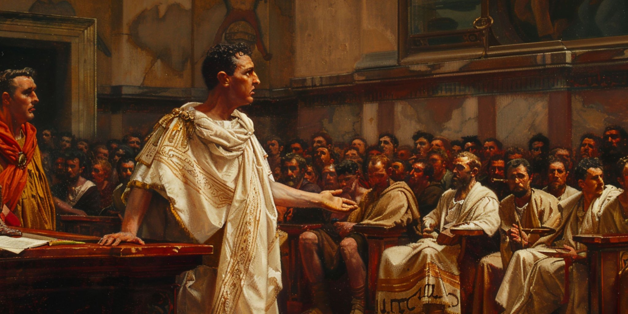 Accused Roman man defending himself before judges during a public trial