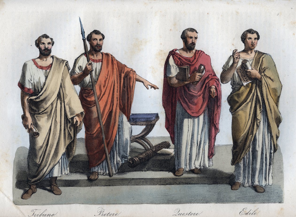 Roman tribune, praetor, quaestor, and aedile gathered together representing important offices of Roman government