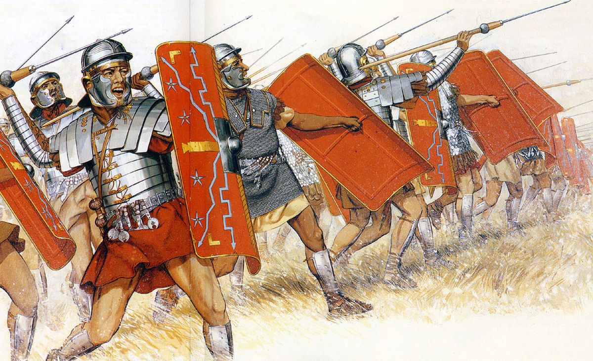 Roman legionaries throwing pila at Dacian warriors during a battle in the Dacian Wars