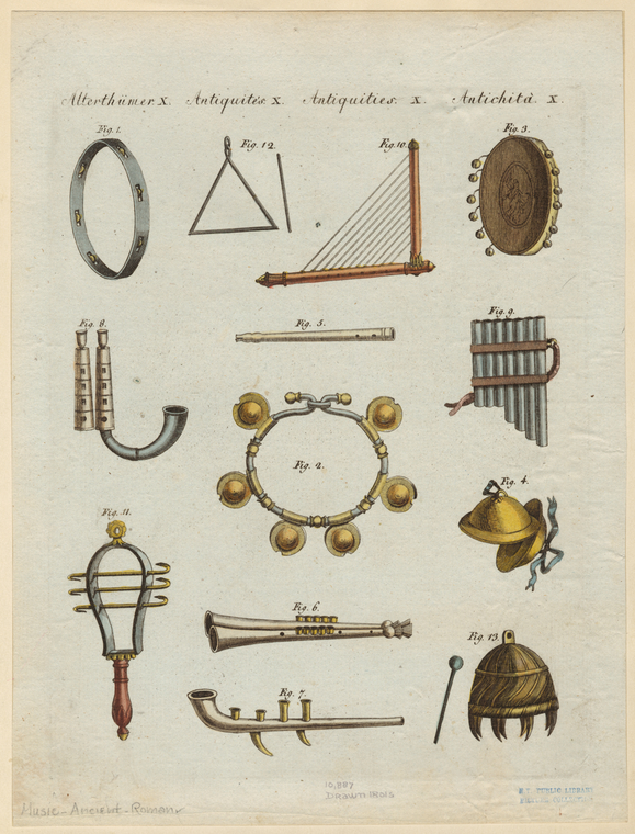 Ancient Roman musical instruments including metal triangle, flutes, drums, cymbals, and stringed instruments displayed together
