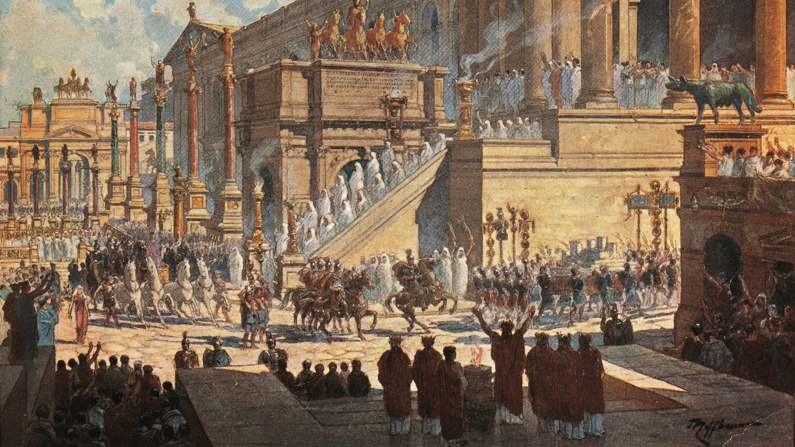 Roman citizens celebrating a peace treaty in the city after years of conflict with Samnites