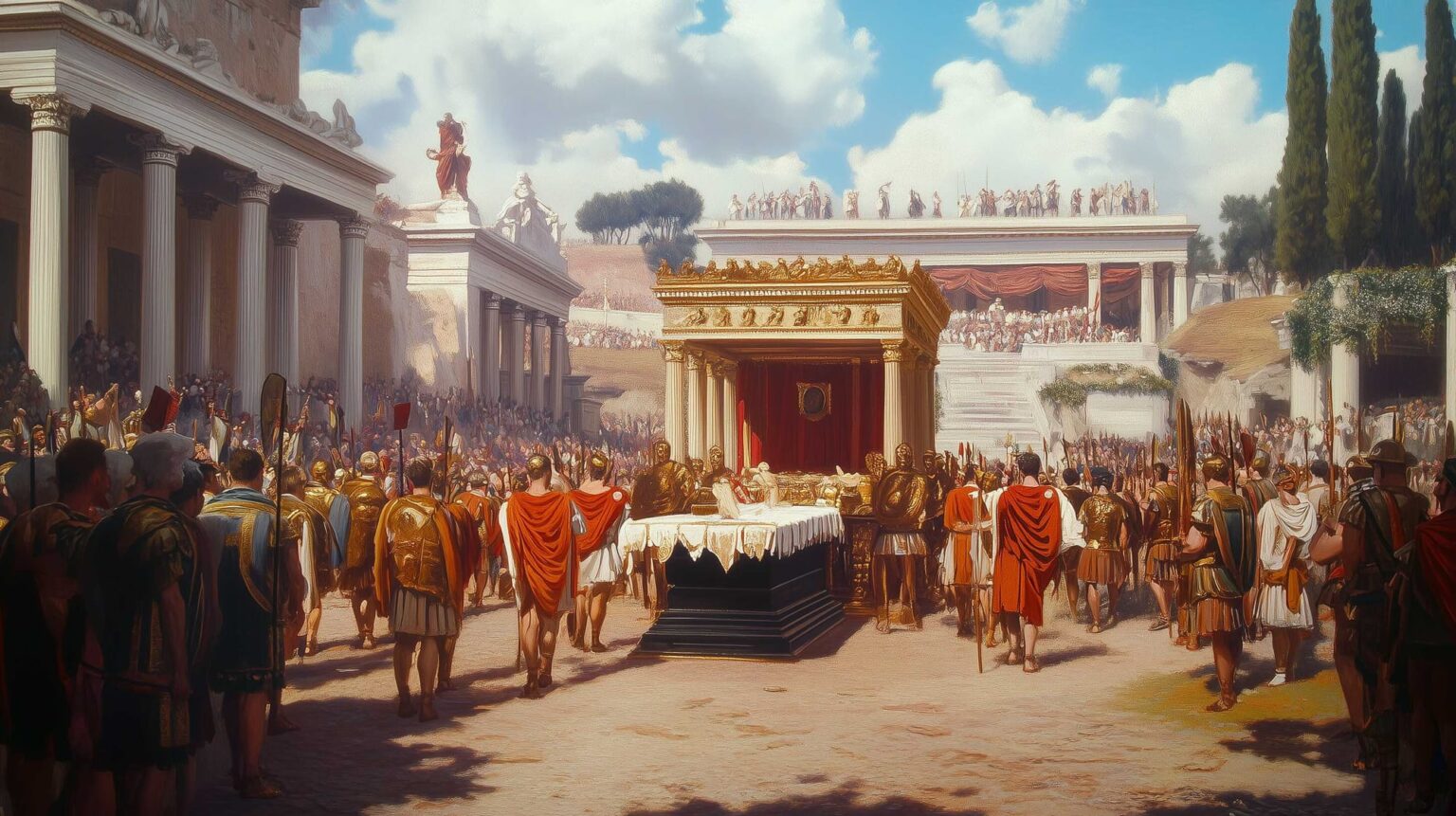 Roman funeral procession honoring a deceased emperor with mourners, soldiers, and ceremonial decorations