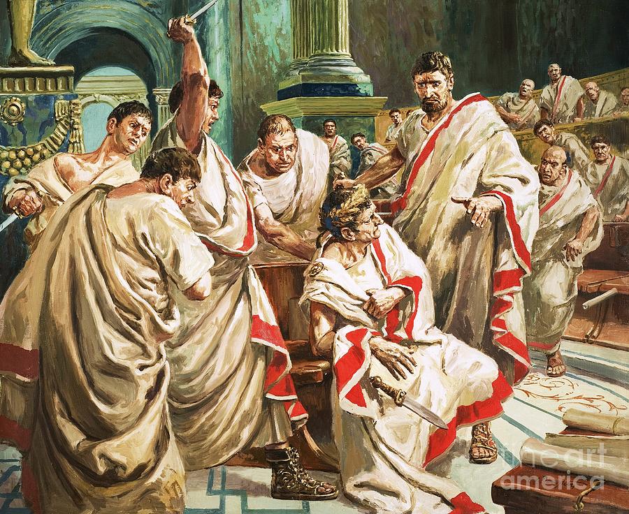 Drawing depicting Julius Caesar being attacked by conspirators during the Ides of March