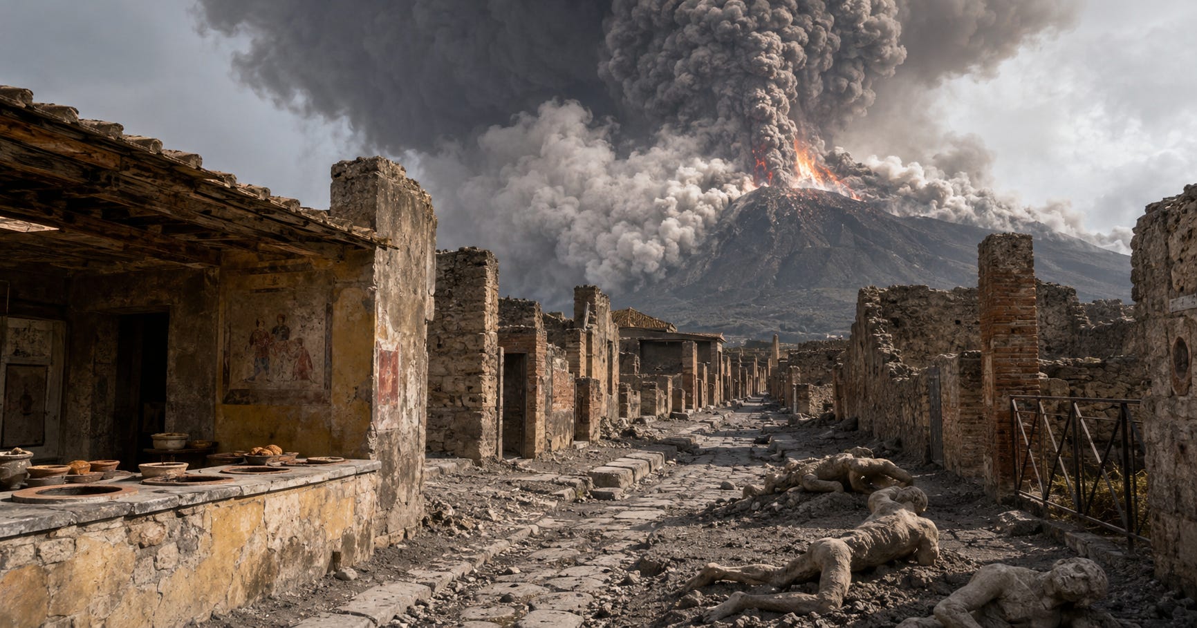 Pompeii after the eruption, with ash-covered streets, abandoned buildings, and victims buried beneath volcanic debris