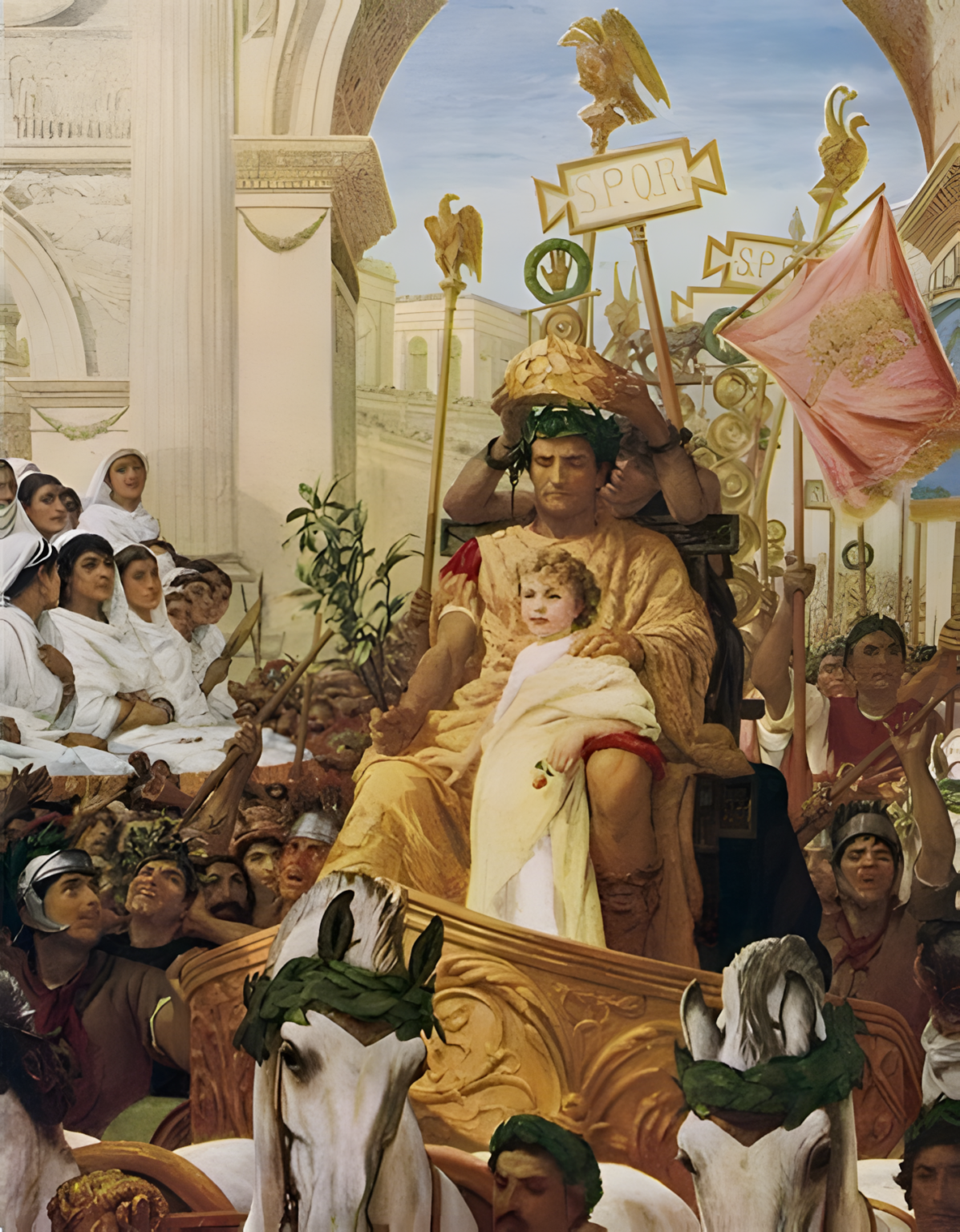 Caesar holding his son during a triumph procession through the streets of ancient Rome