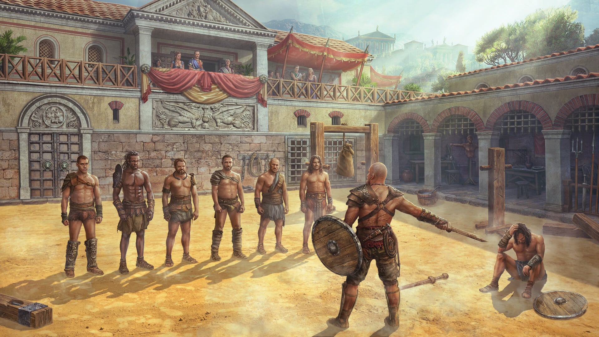 Gladiators training with weapons at a fighting school in ancient Capua