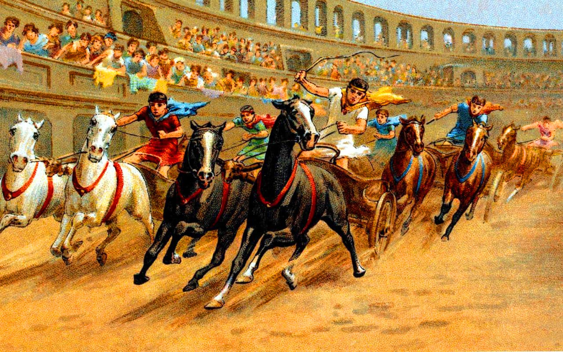 Roman charioteers racing around the Circus Maximus while crowds watch from the ancient stands