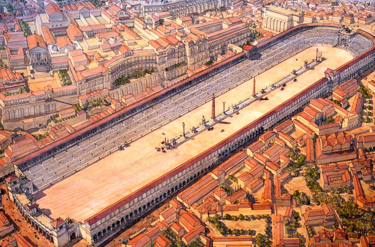 Reconstruction painting showing an aerial view of the Circus Maximus and ancient Rome surrounding it