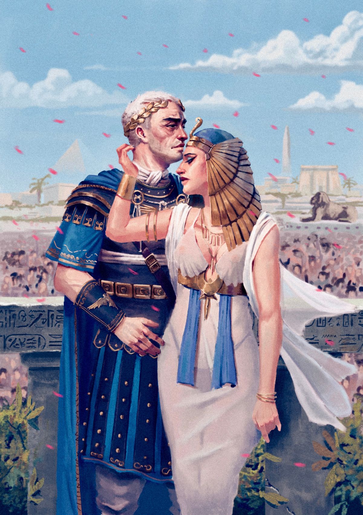 Julius Caesar and Cleopatra attending a grand Egyptian celebration surrounded by musicians, priests, and crowds