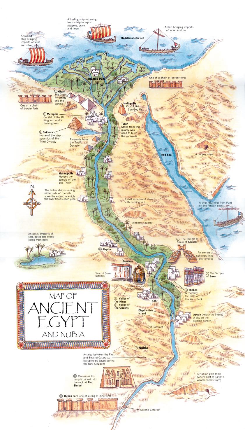 Map of ancient Egypt showing major cities, pyramids, temples, monuments, and the Nile River