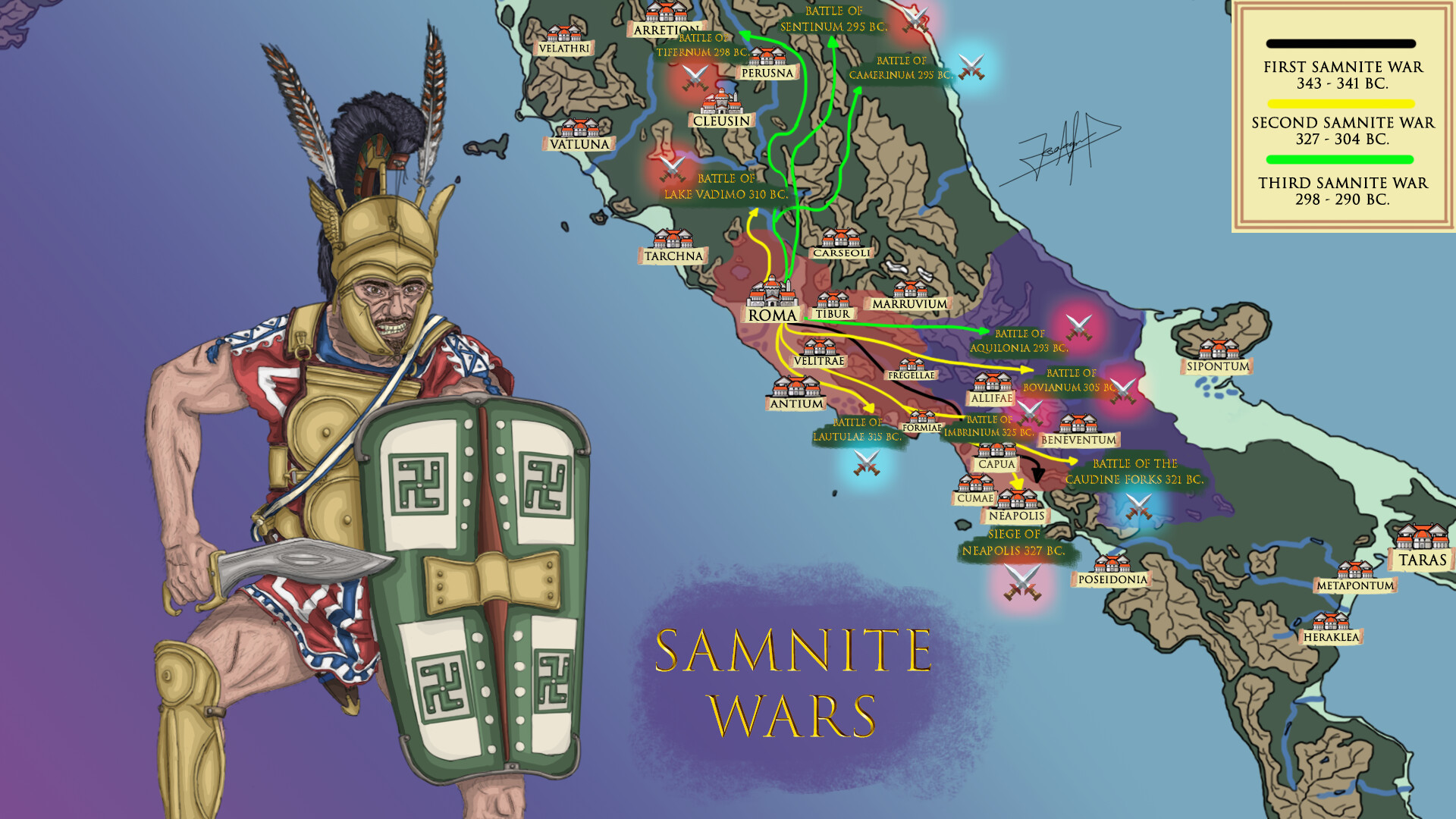 Map of central Italy around Rome during the First, Second, and Third Samnite Wars