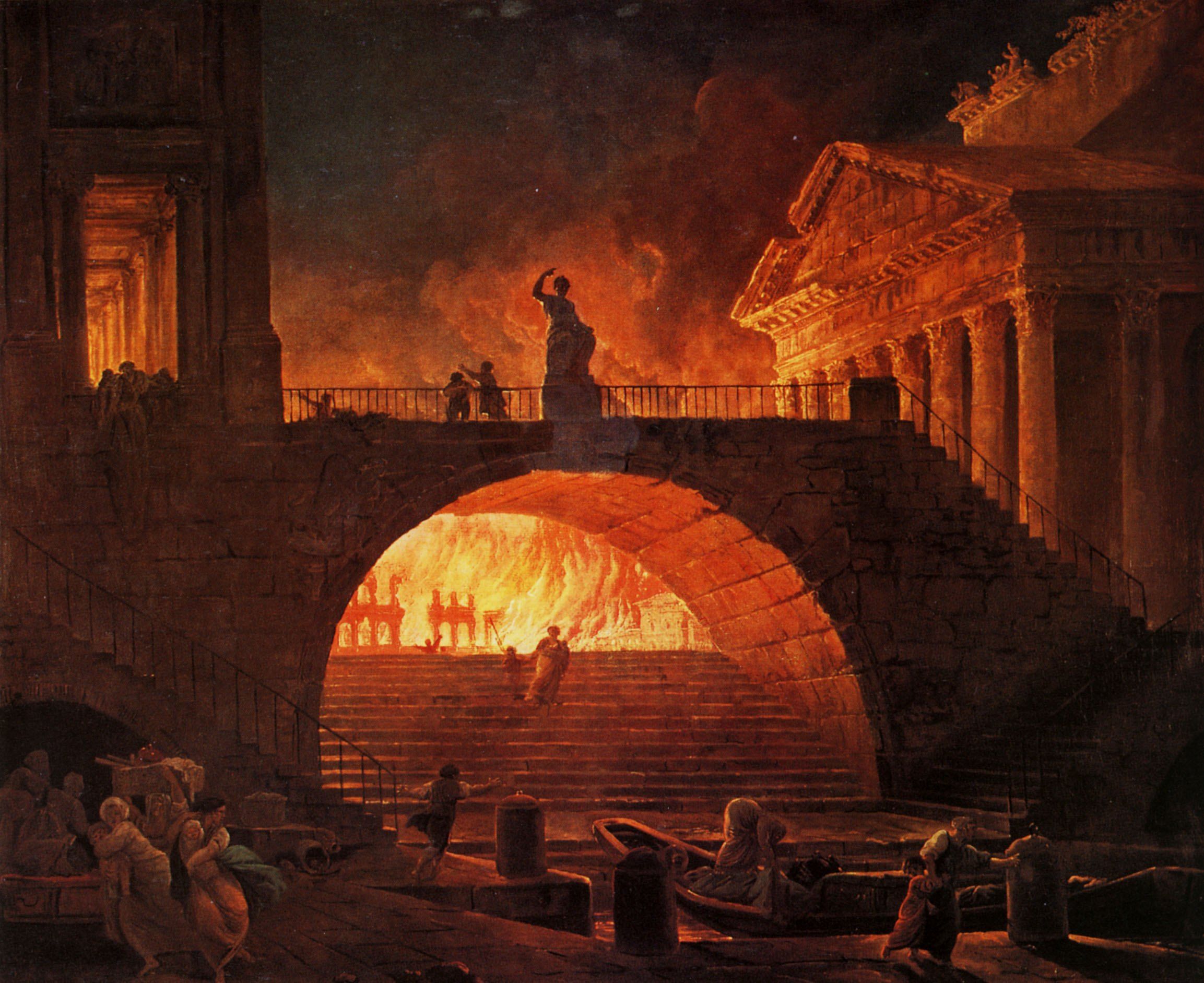 Painting depicting the Great Fire of Rome, with flames spreading through the ancient city