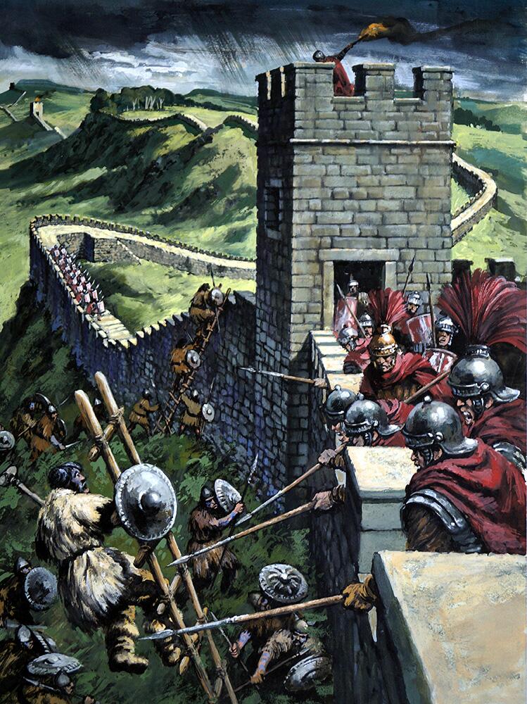 Roman legionaries defending Hadrian’s Wall against attacking northern warriors during a Roman frontier battle