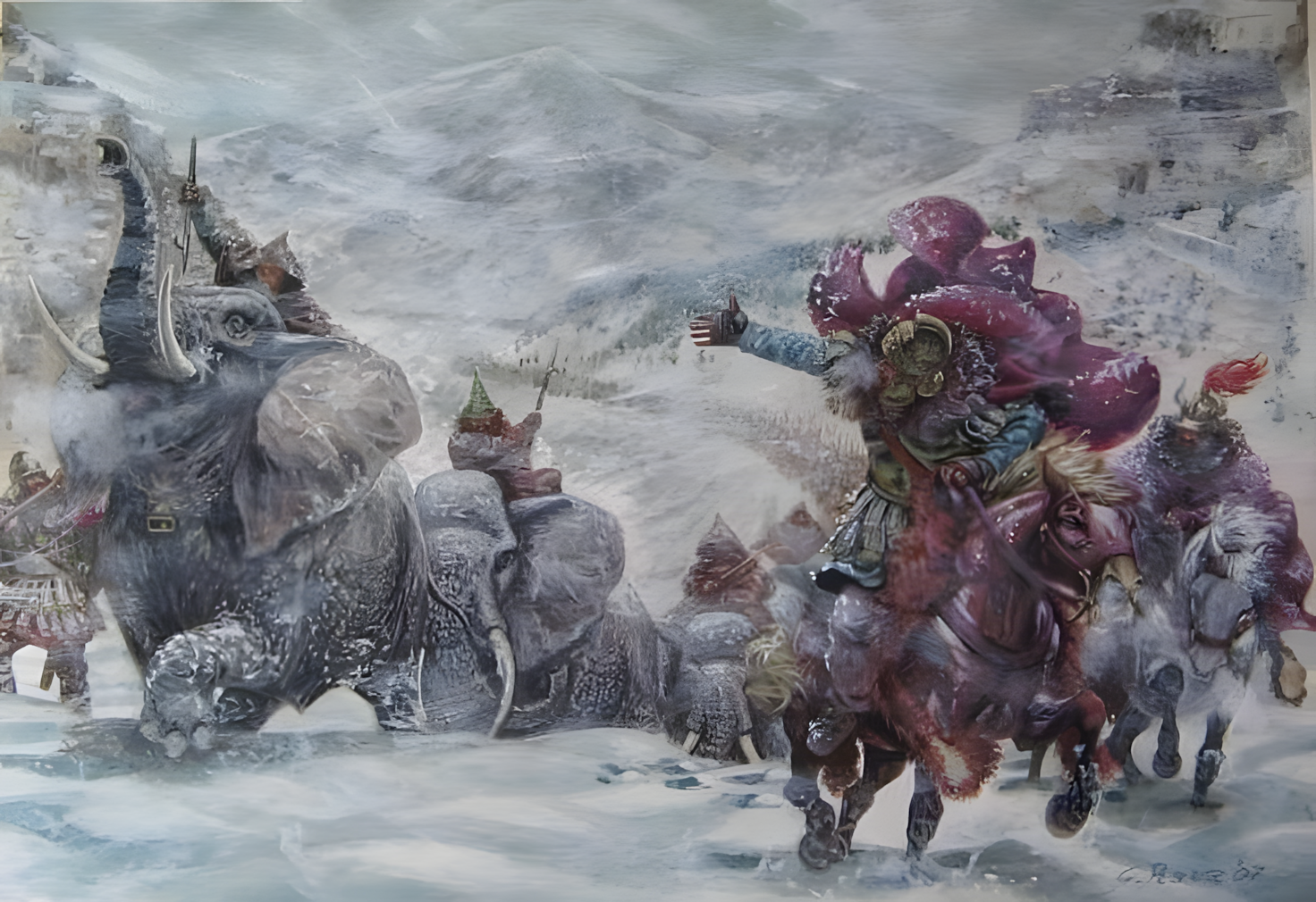 Hannibal and his Carthaginian army crossing the Alps through snow, wind, and harsh weather