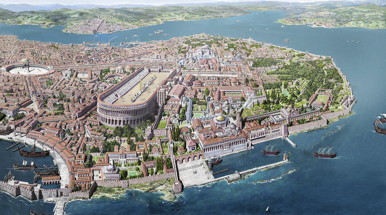Reconstruction of Constantinople’s Hippodrome surrounded by the bustling city during the Byzantine era