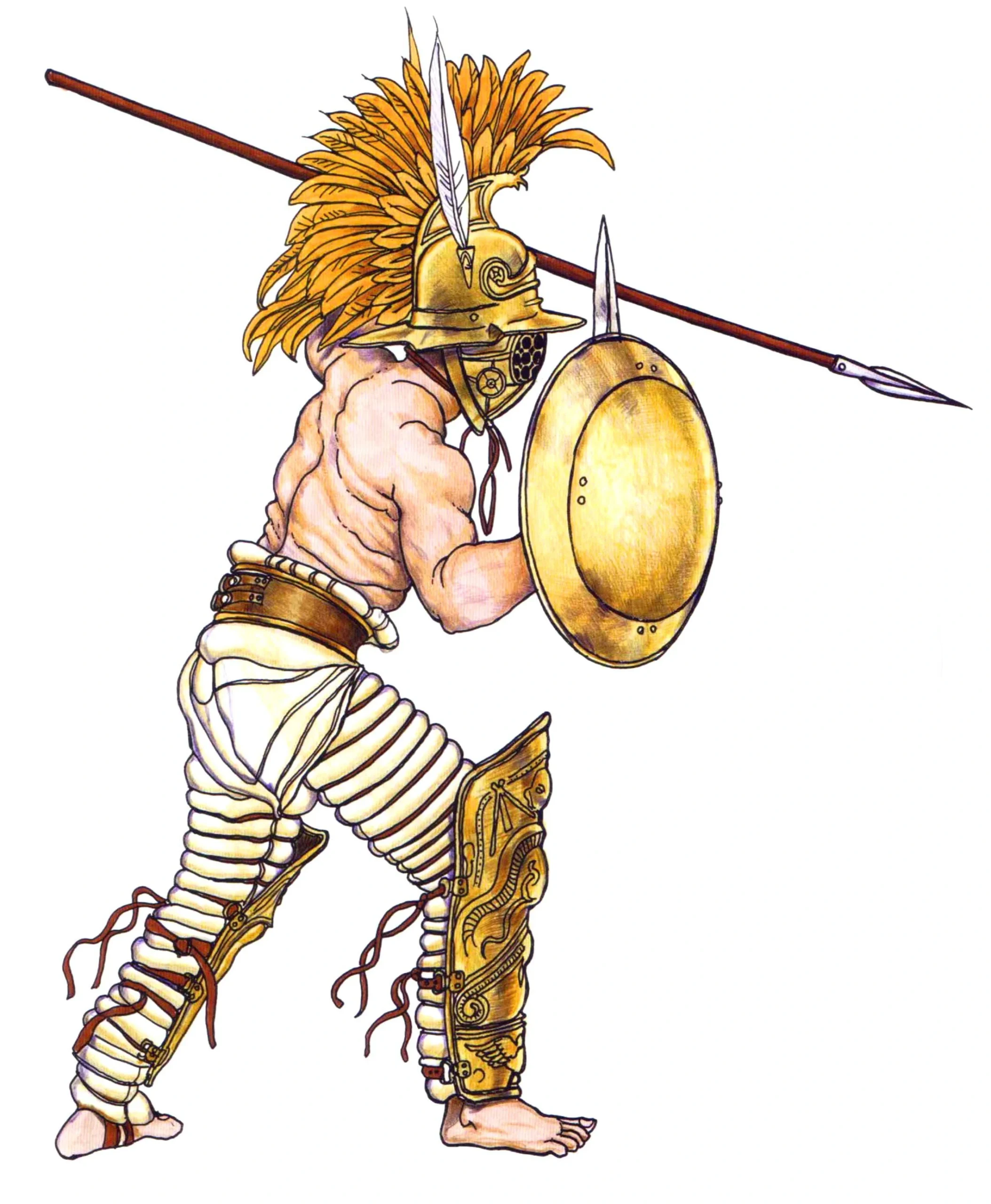 Hoplomachus gladiator fighting with spear, small shield, sword, helmet, and agile defensive strategy