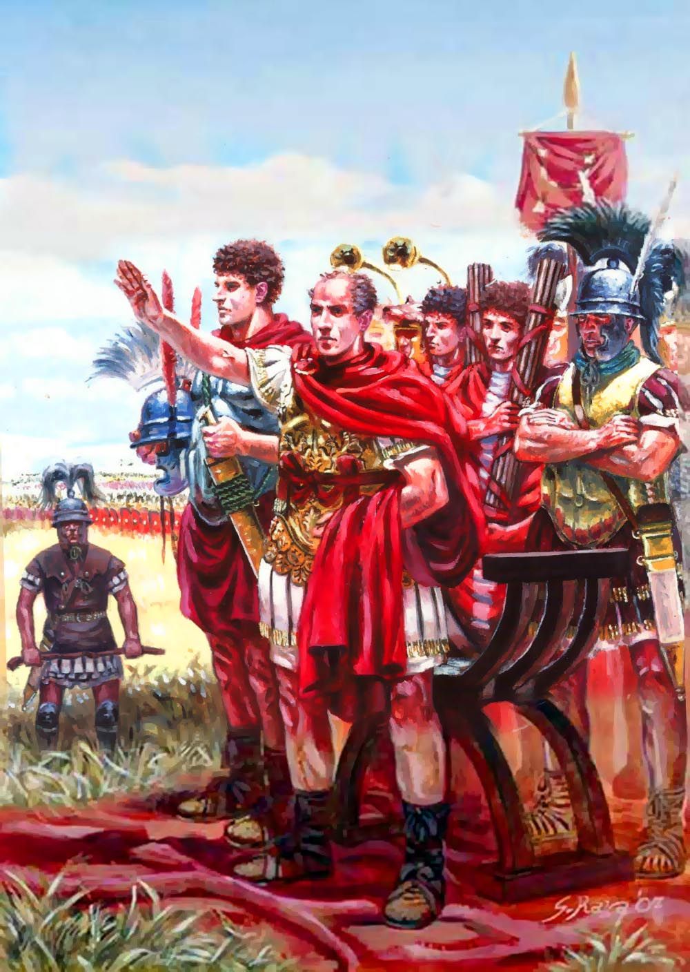 Julius Caesar standing with his Roman troops during an ancient campaign