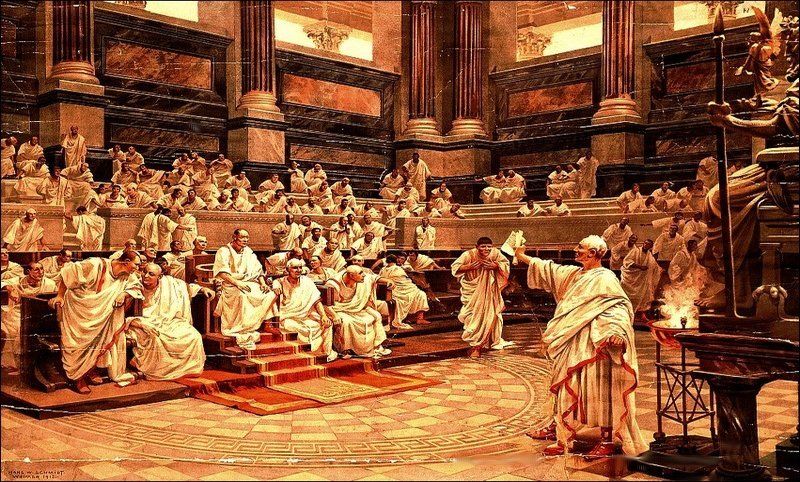 Julius Caesar addressing the Roman Senate during a political gathering in ancient Rome