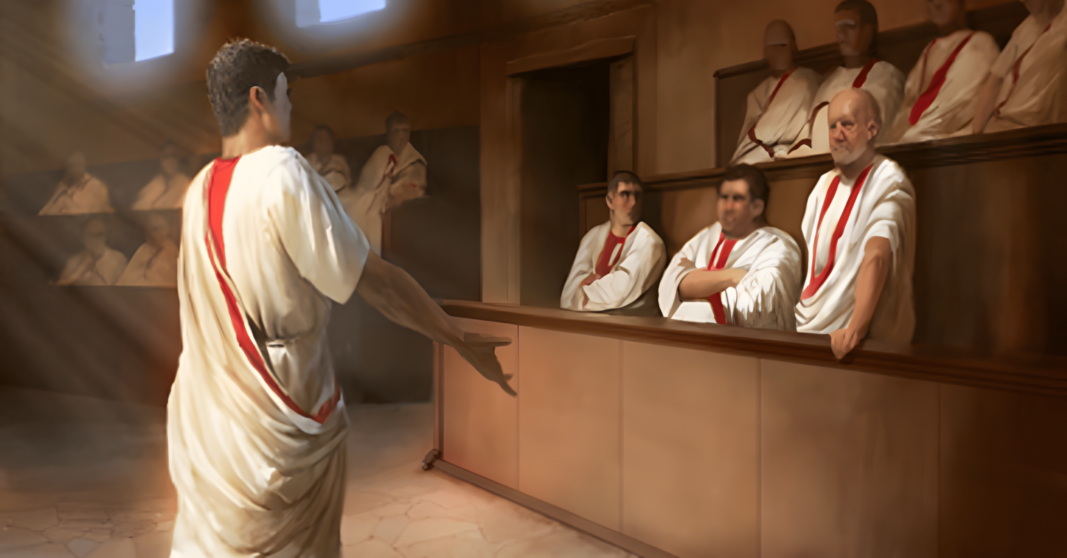 Roman lawyer defending his client before judges during a public trial