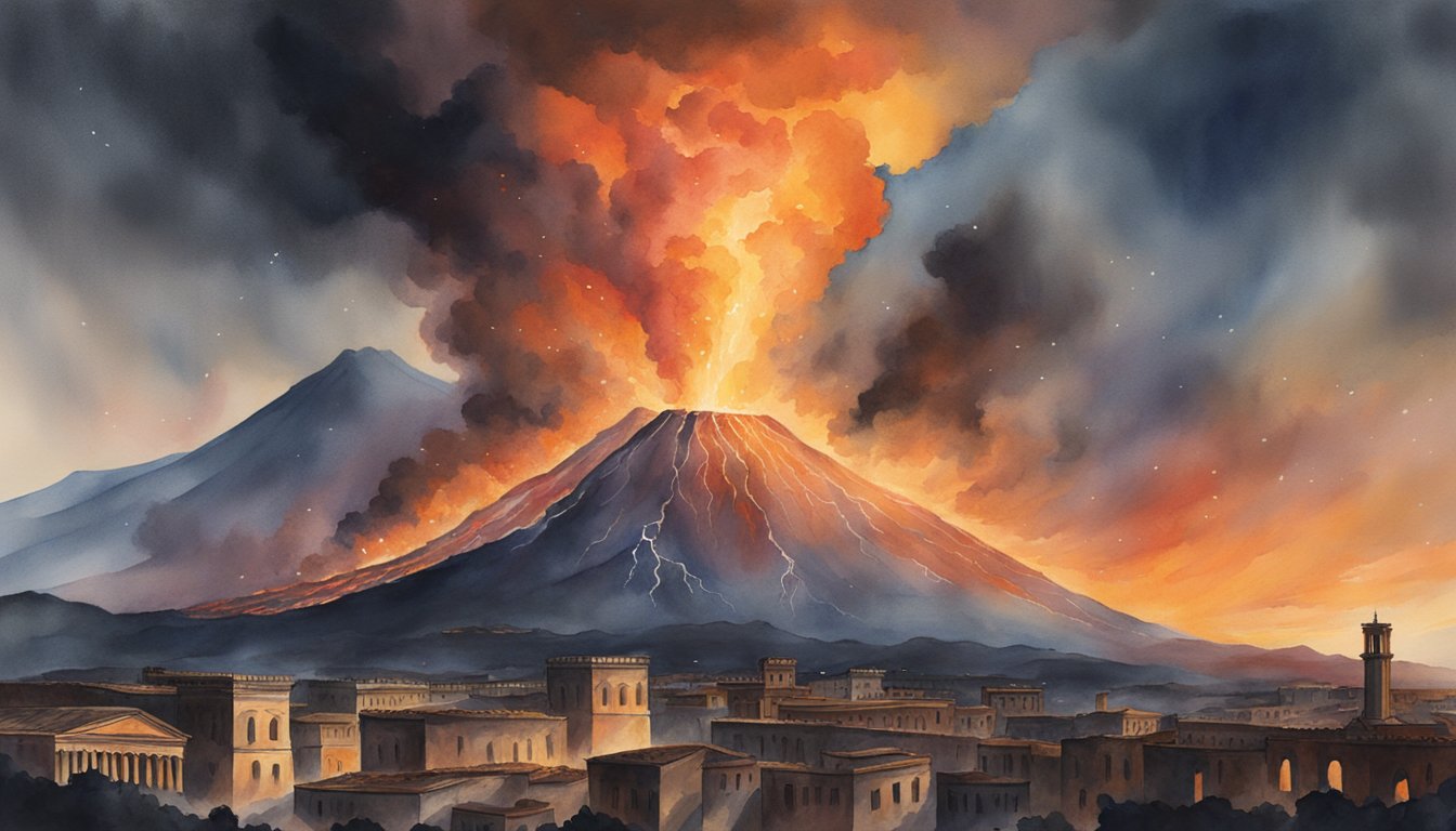 Giant eruption of Mount Vesuvius sending ash and smoke over ancient Pompeii