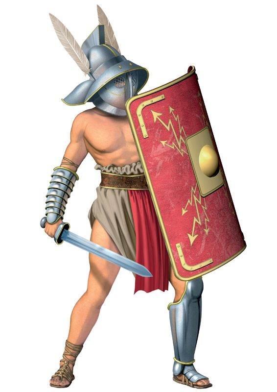 Murmillo gladiator fighting in the Colosseum with large shield, sword, helmet, and defensive strategy