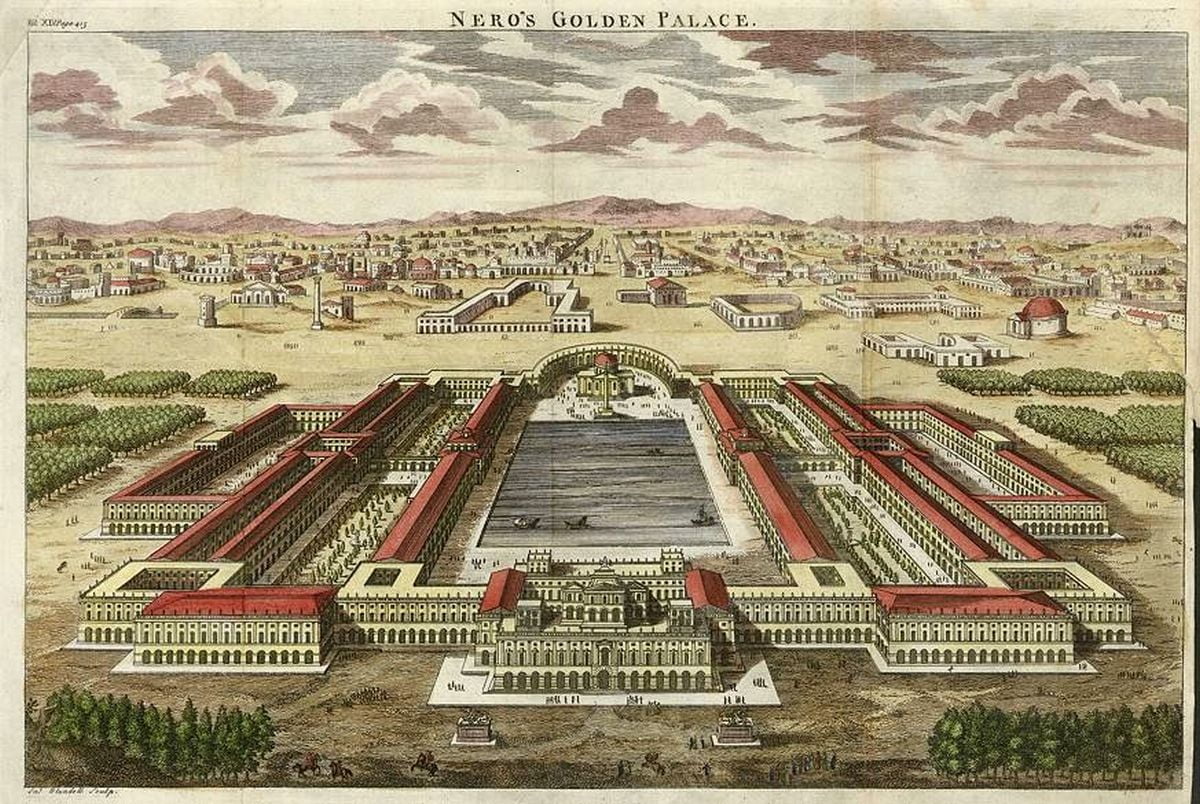Reconstruction of Nero’s Golden Palace, showcasing grand Roman architecture and lavish imperial decoration