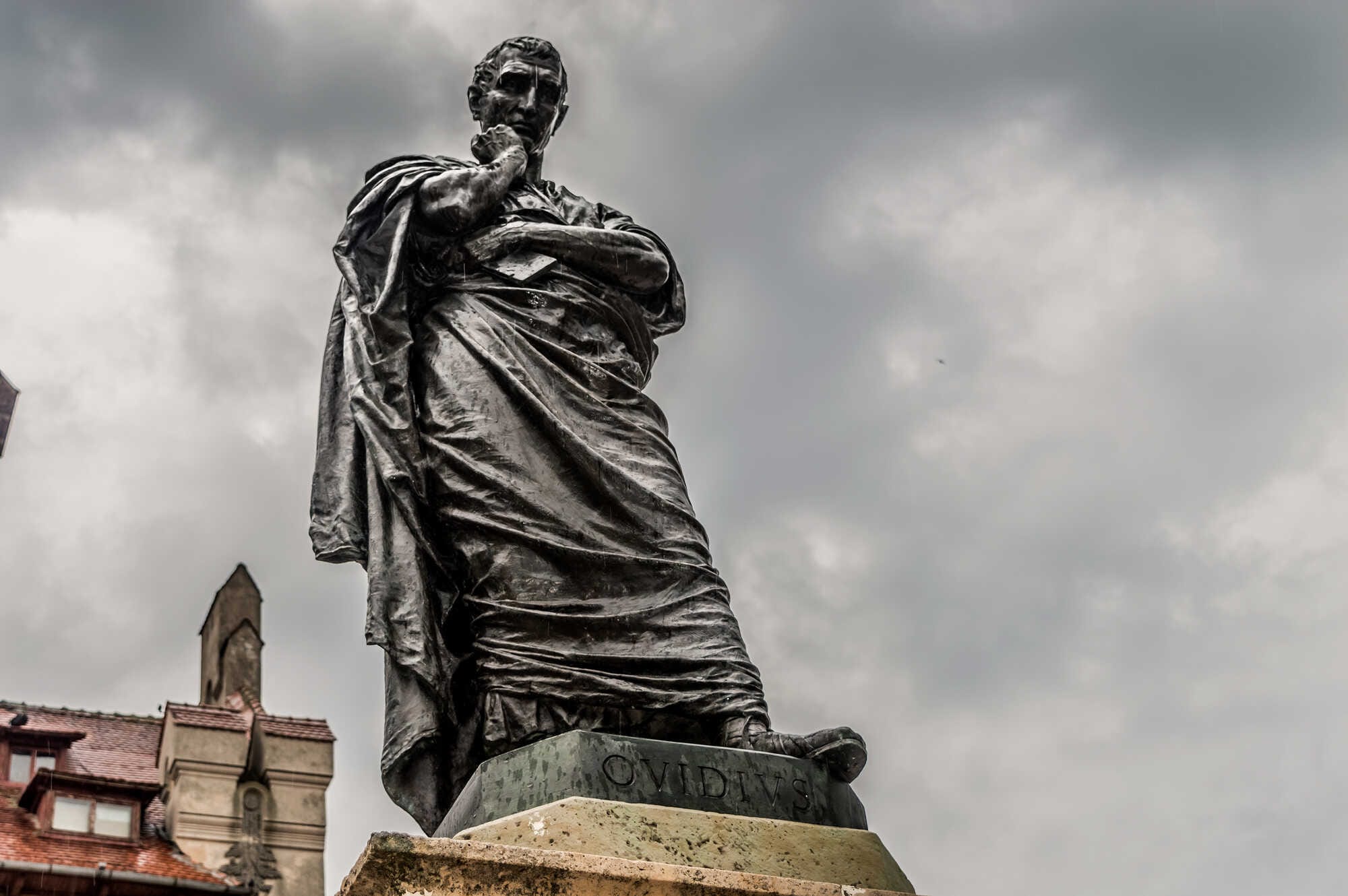 Marble statue of Ovid, famous Roman poet and author of Metamorphoses