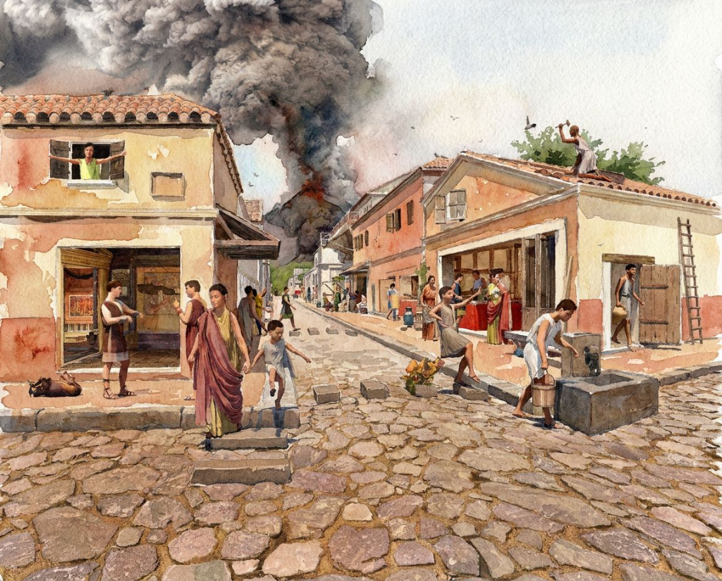 Pompeii thirty minutes before eruption, with volcanic ash beginning to fall across the Roman city