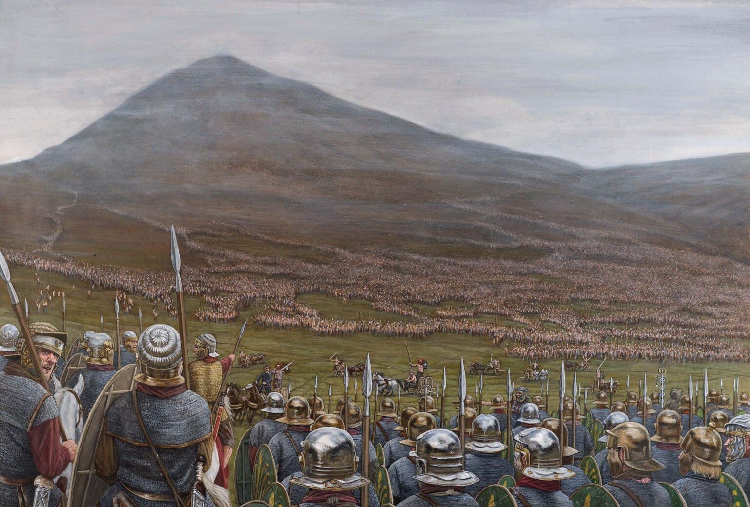 Roman perspective of a massive Briton army marching toward them across an entire mountain landscape