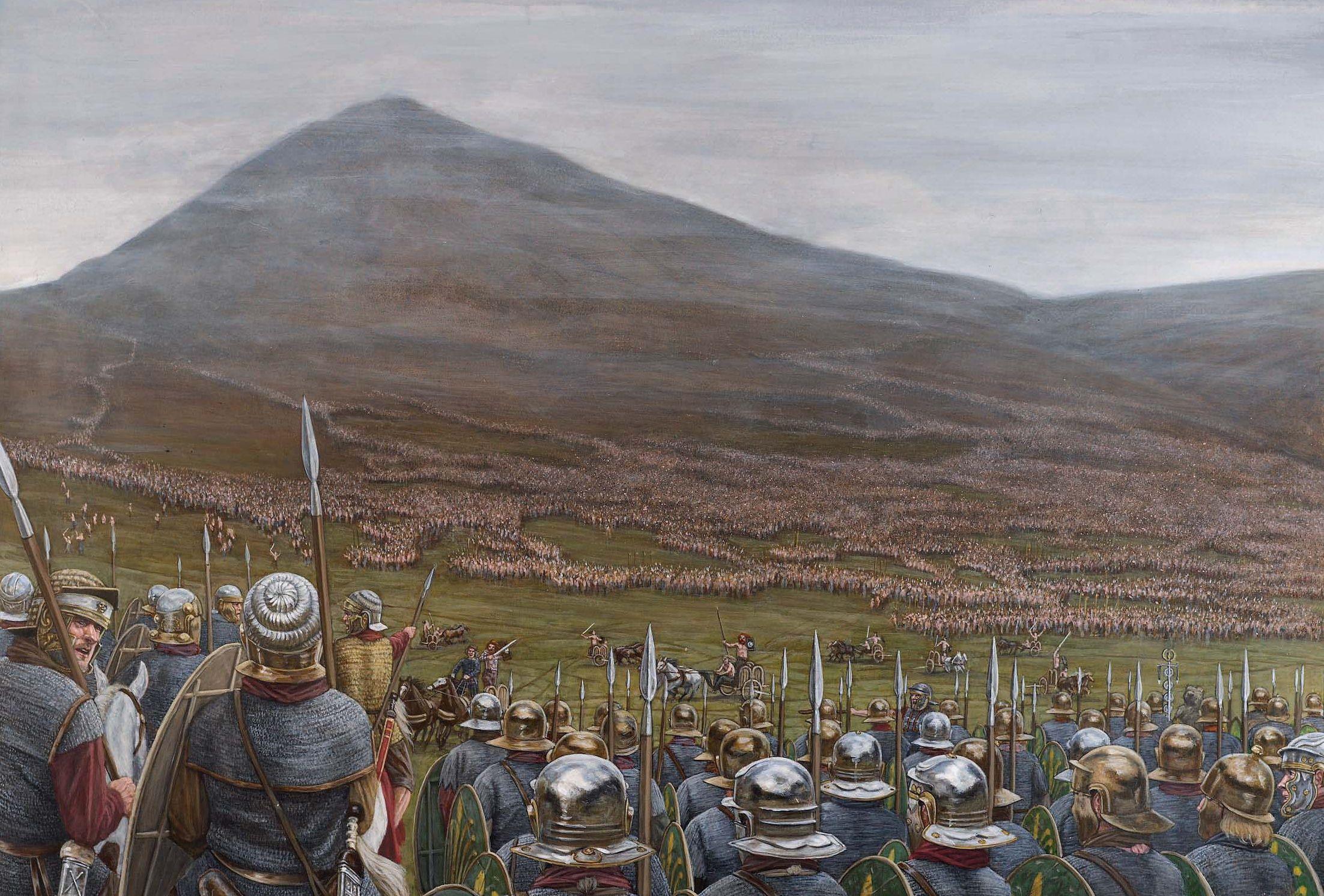 Roman perspective of a massive Briton army marching toward them across an entire mountain landscape