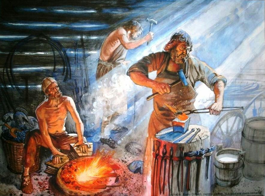 Roman blacksmith forging weapons, tools, and metal equipment in an ancient workshop