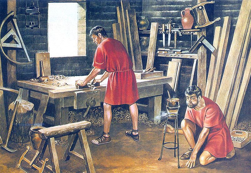 Roman carpenter crafting wooden furniture, tools, and structures in ancient Rome