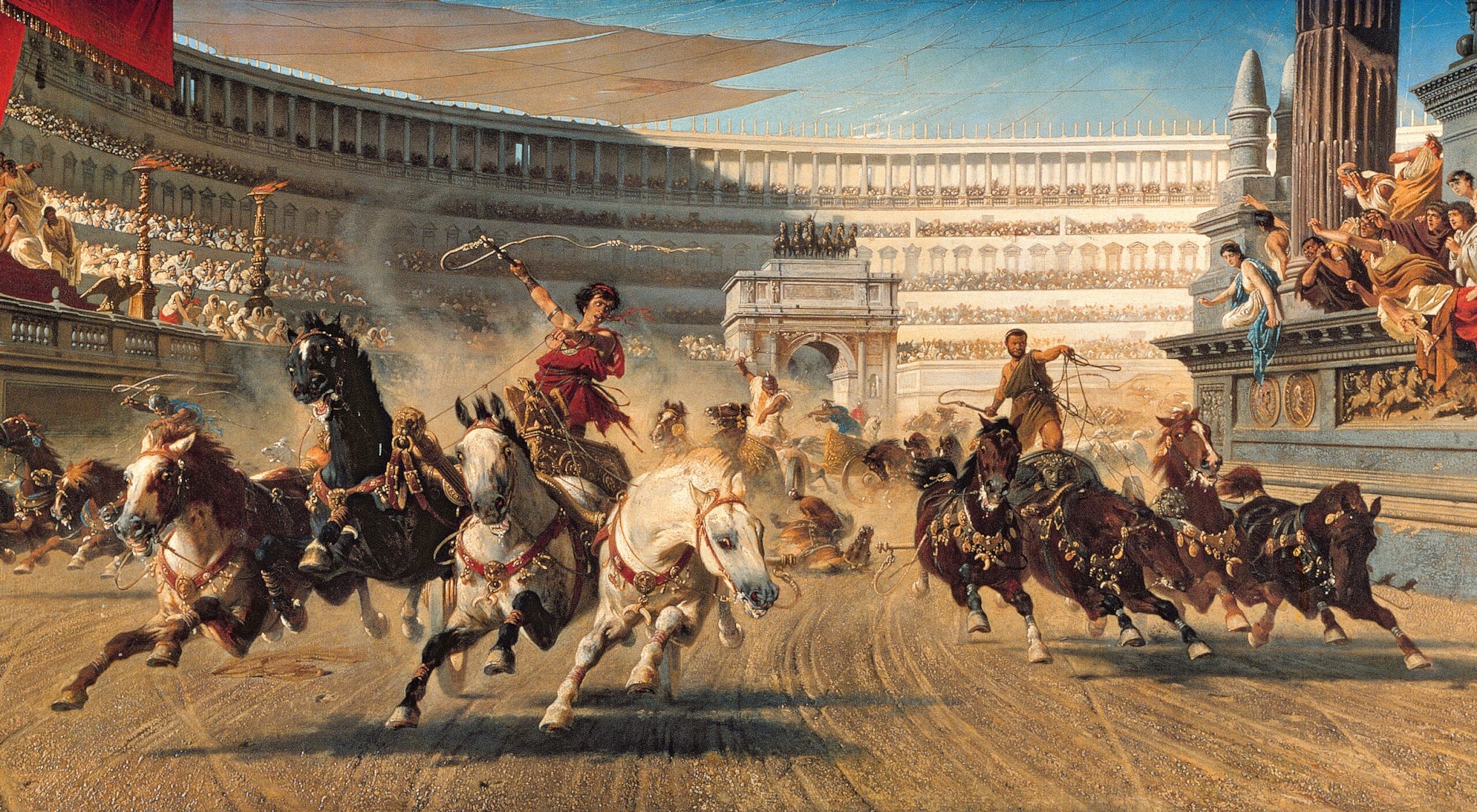 Roman charioteers competing in a thrilling race around the Circus Maximus in ancient Rome