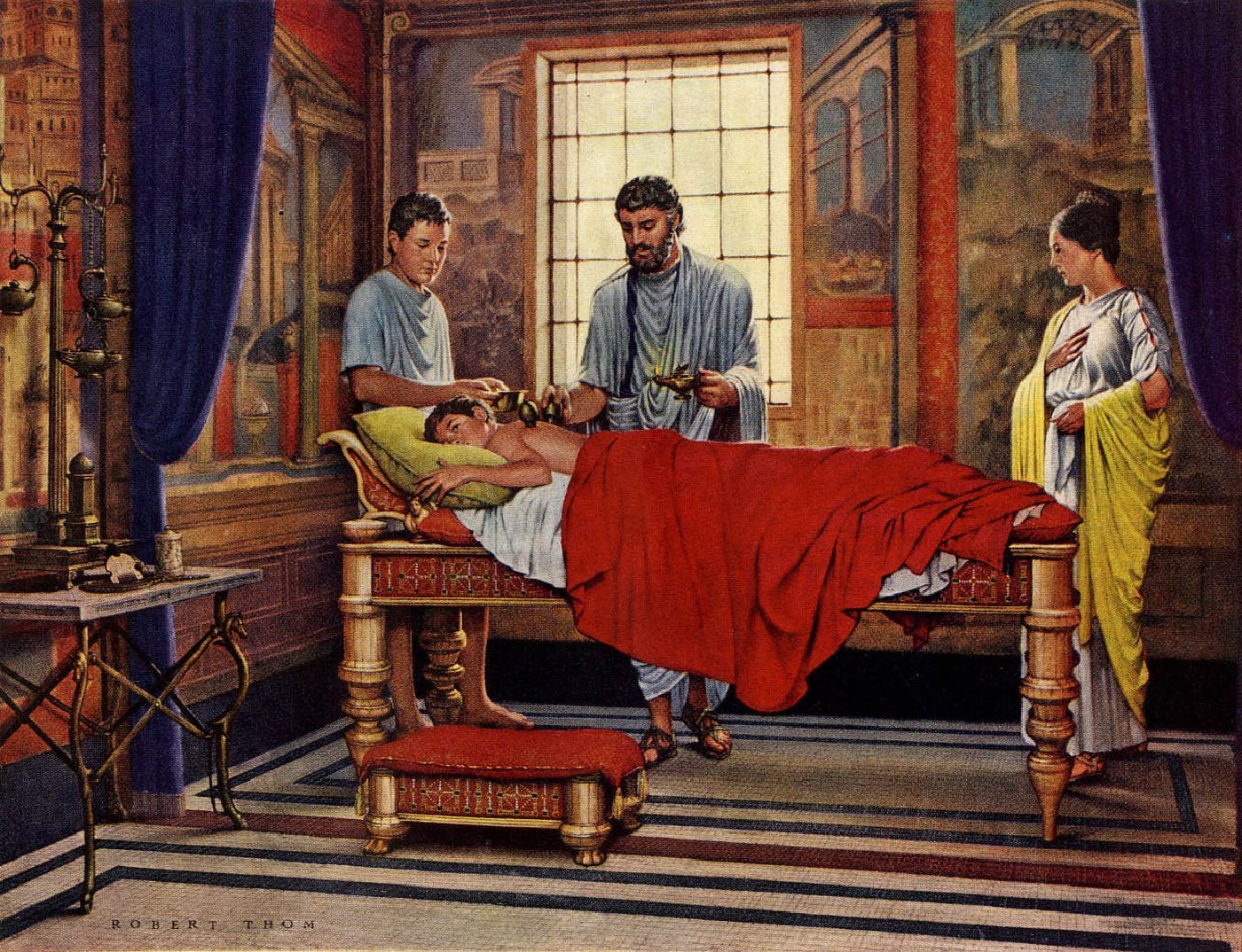 Roman doctor treating a patient with ancient medical instruments in a clinic