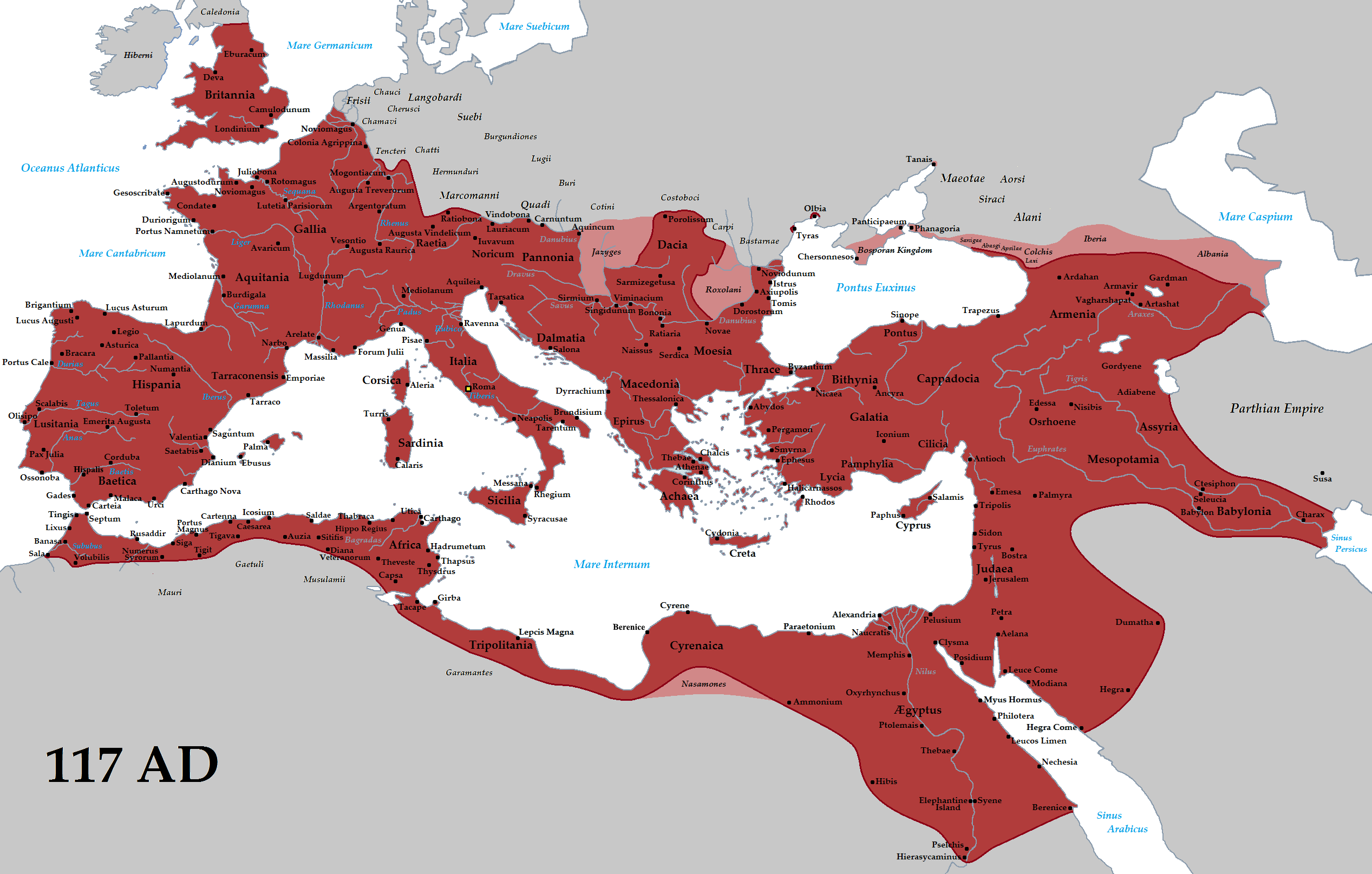 Map showing the Roman Empire at its greatest territorial extent in 117 AD