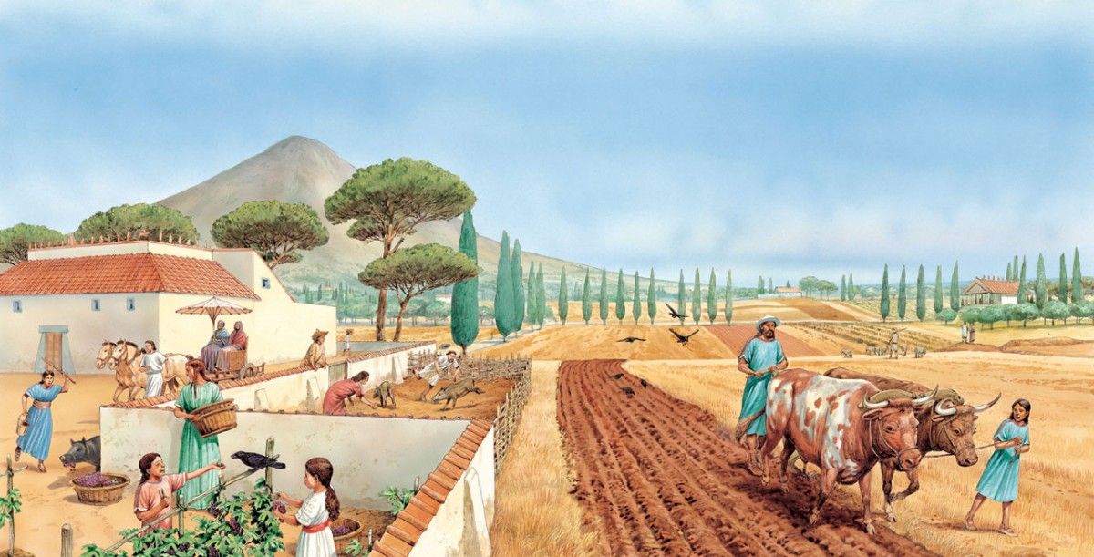 Roman farmer cultivating crops in the countryside during ancient Roman times