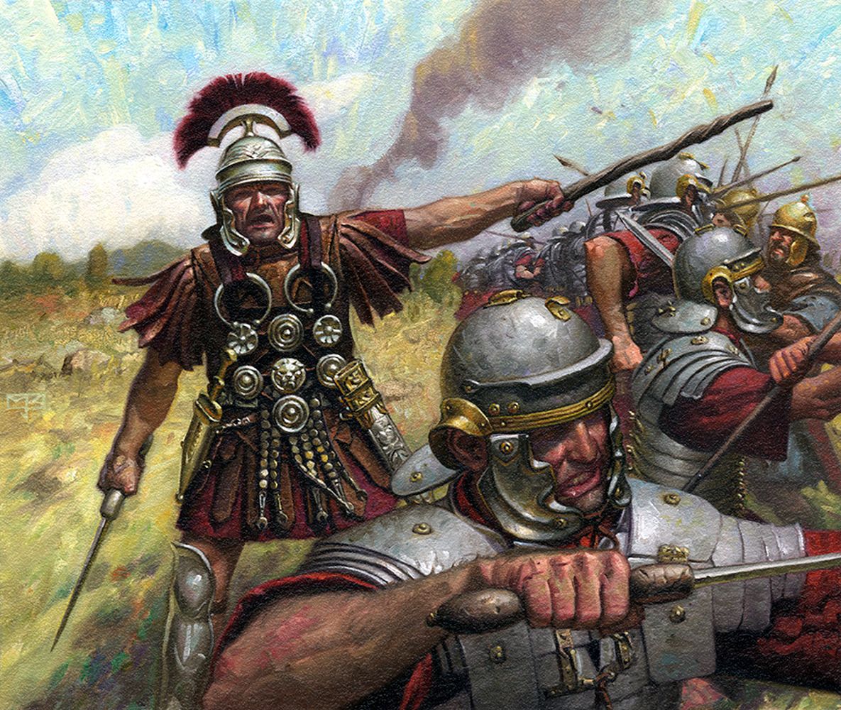 Roman centurion rallying his legionaries during a battle against Parthian forces in the East