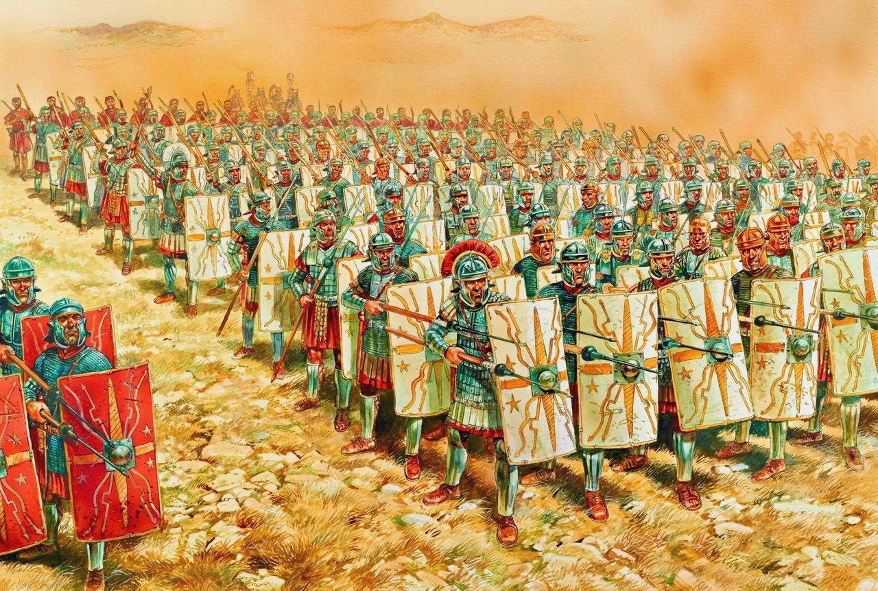 Roman legionaries marching in formation toward battle through a massive dust storm on campaign