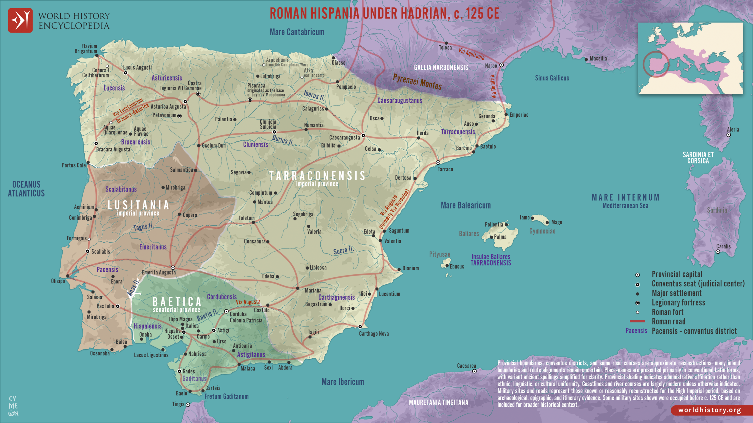 Map showing the Roman province of Hispania across the Iberian Peninsula
