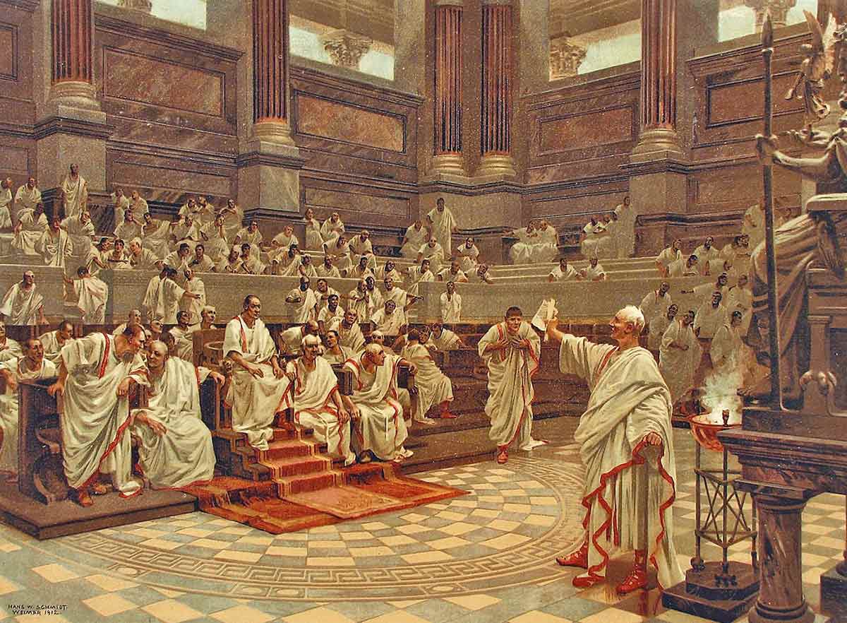 Roman lawyer presenting arguments in court during an ancient legal dispute