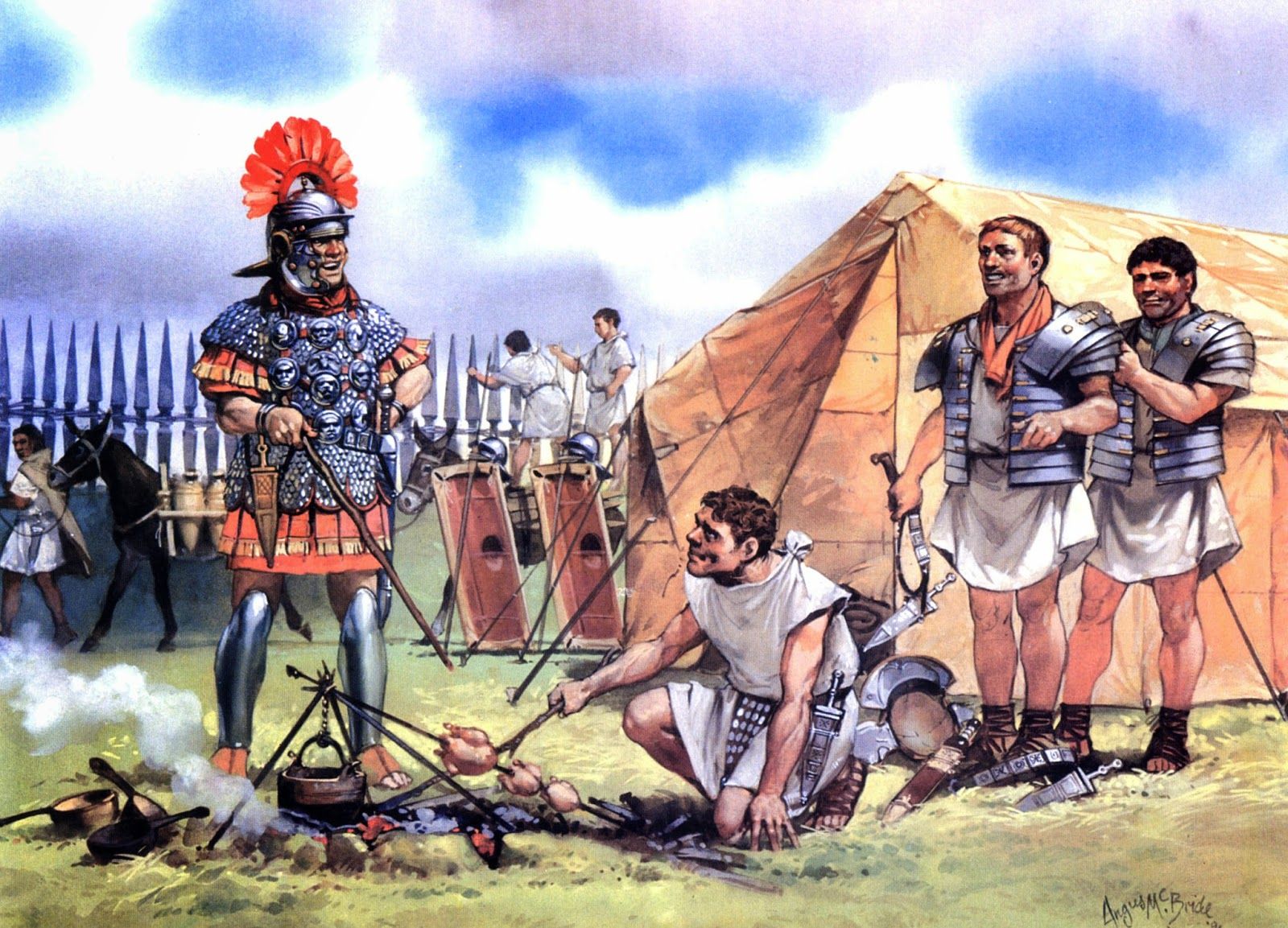 Roman legionaries resting inside a military camp with a centurion overseeing the soldiers