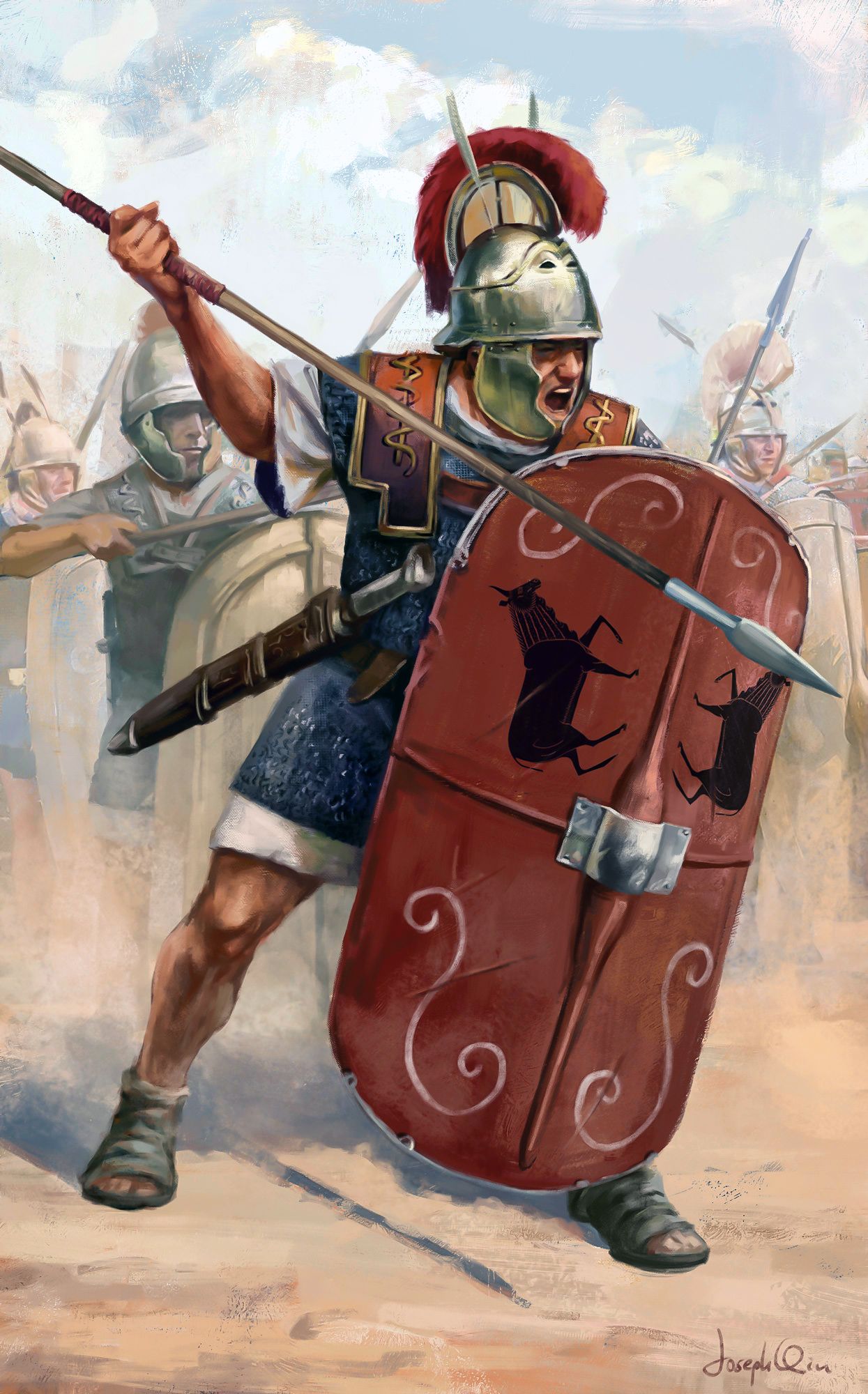 Roman Thraex gladiator wielding a spear and gladius, prepared for close-range combat in arena