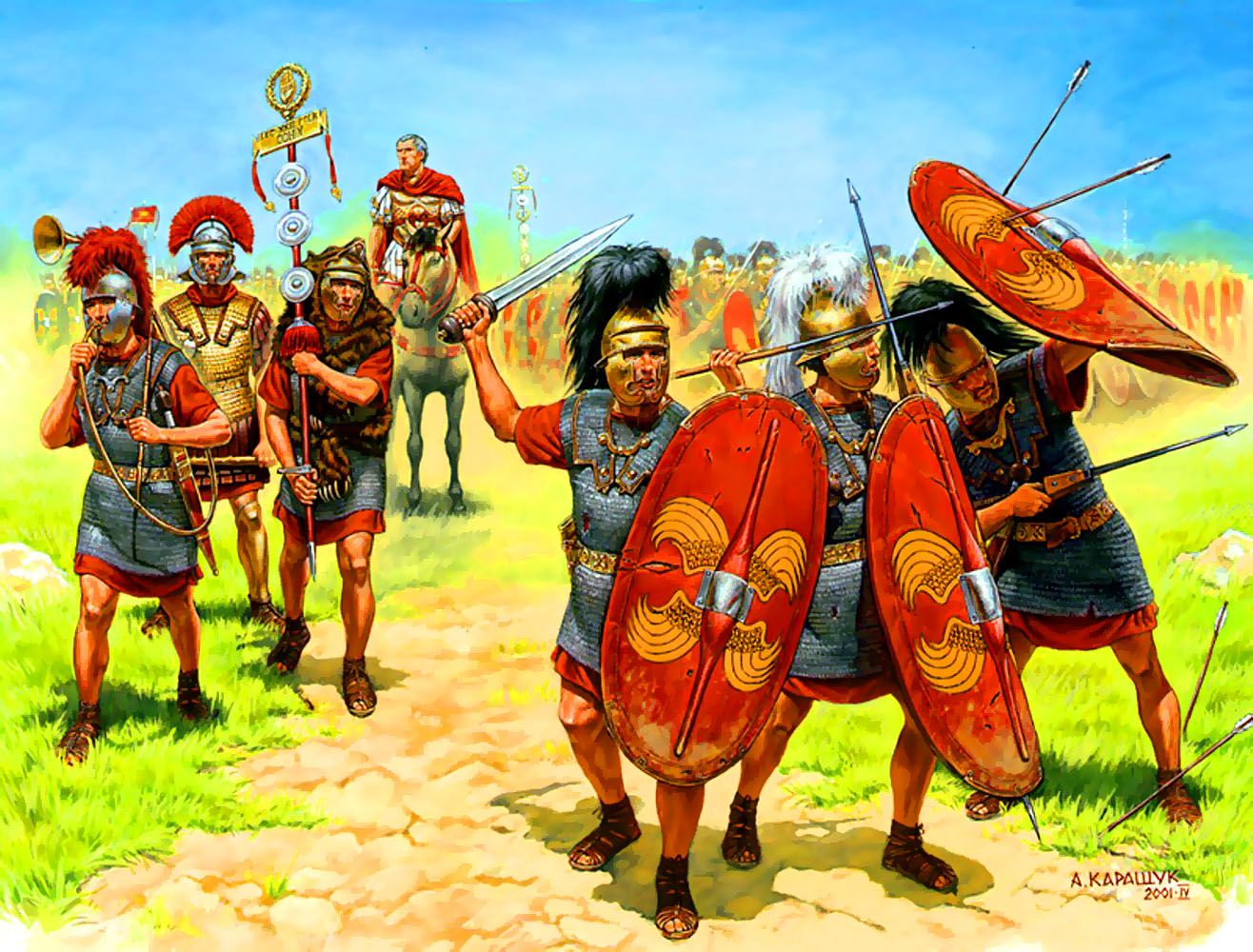 Roman legionaries skirmishing with enemy forces while marching in formation during an ancient military campaign