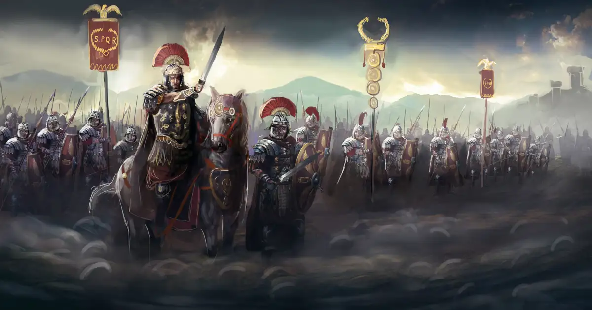 Roman legionaries marching in formation after a battle during an ancient military campaign