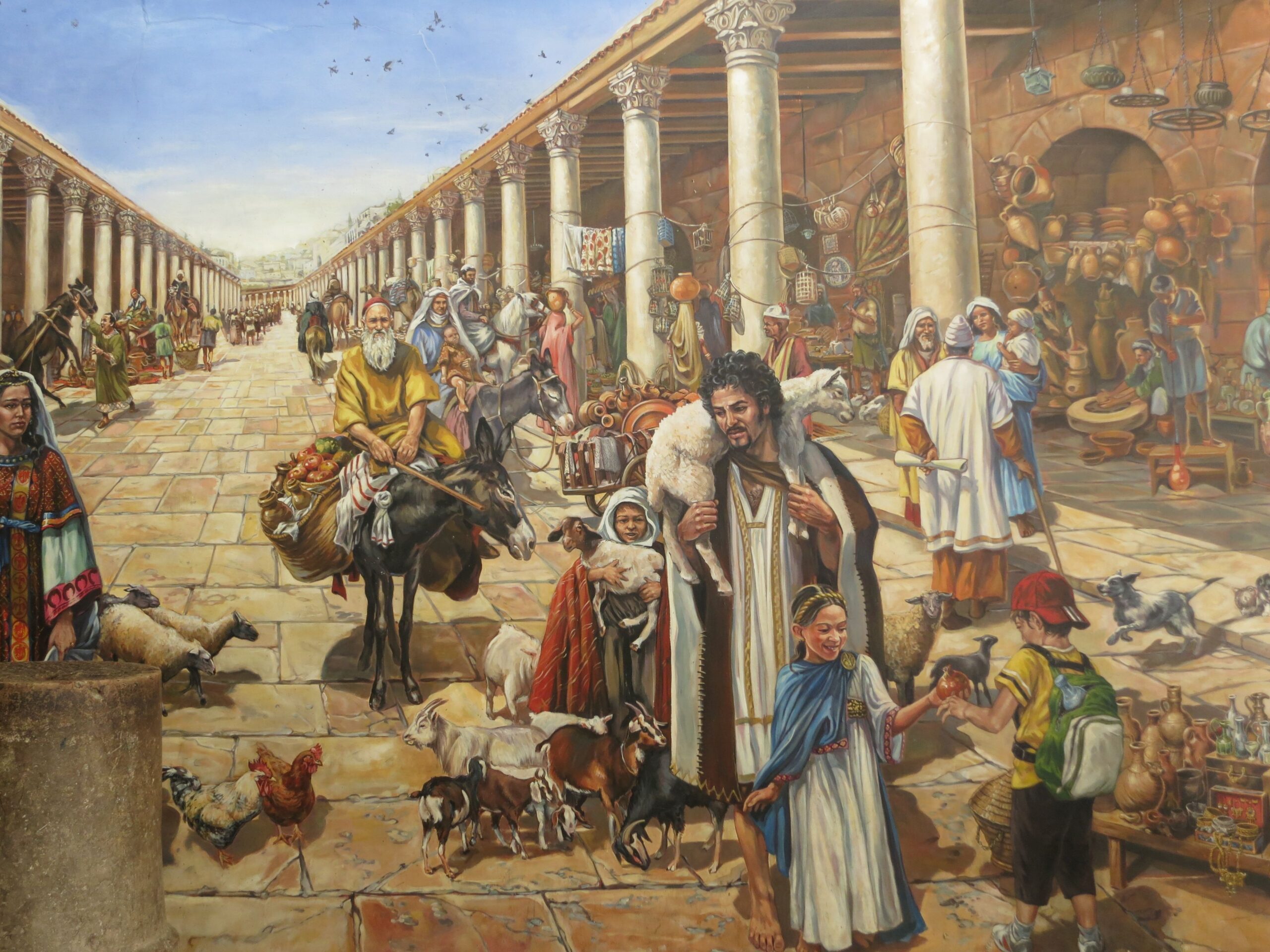 Roman merchant trading goods and commodities in a busy ancient marketplace