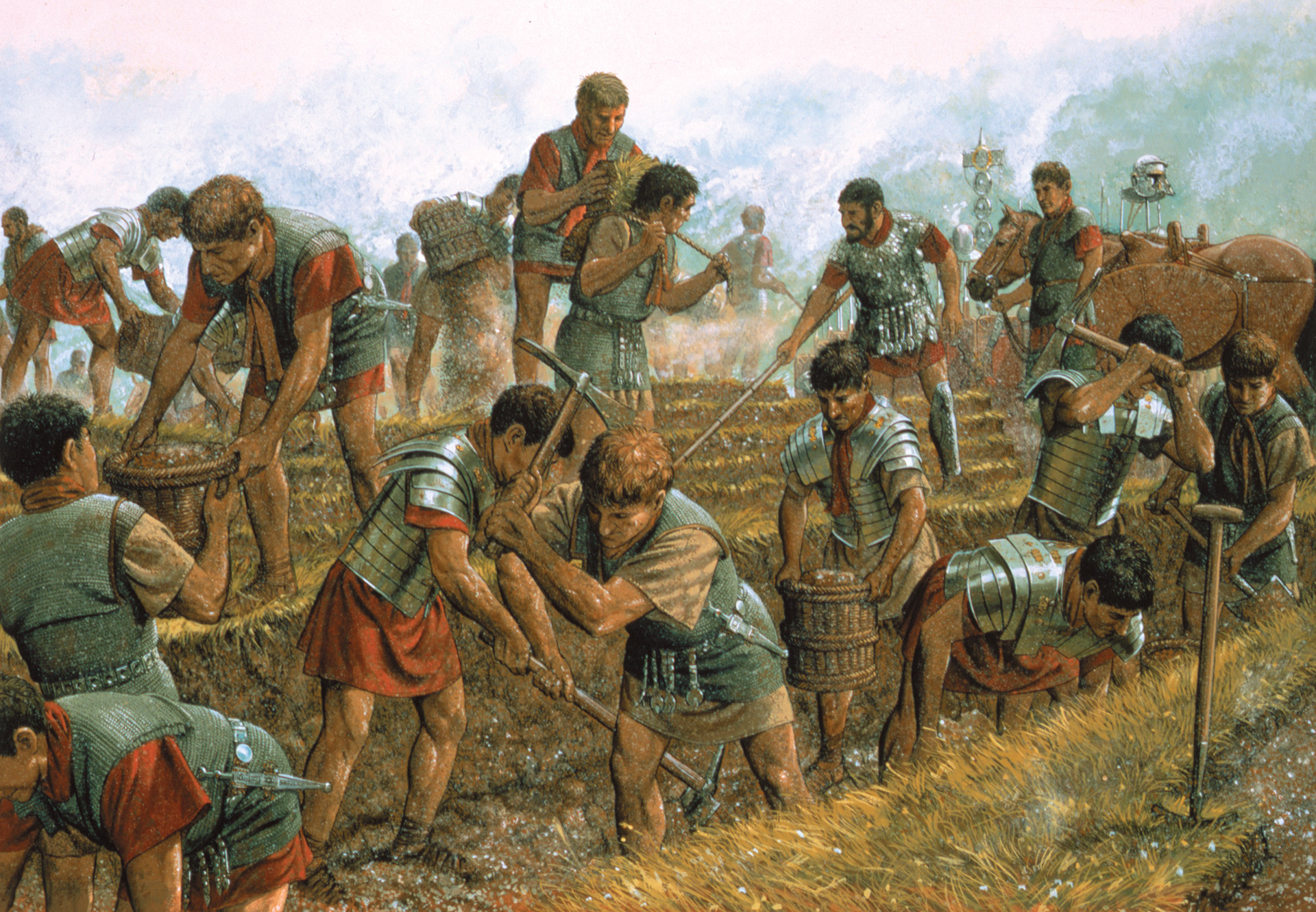 Roman legionaries building a fortified marching camp after completing a long military march